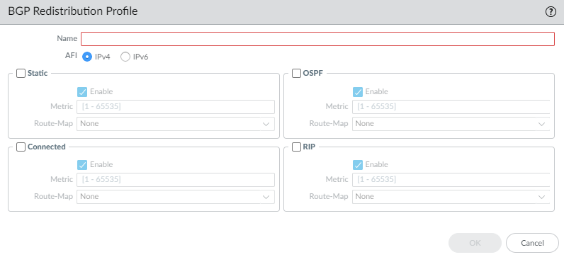 BGP Redistribution Profile configuration window.
